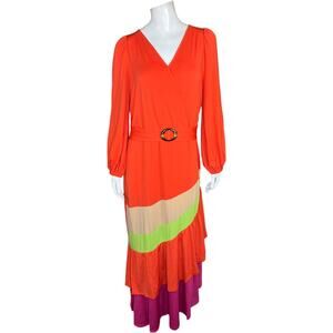 Megan Renee M Colorblock Maxi Dress Belted V-Neck Puff Sleeve Polyester Spandex